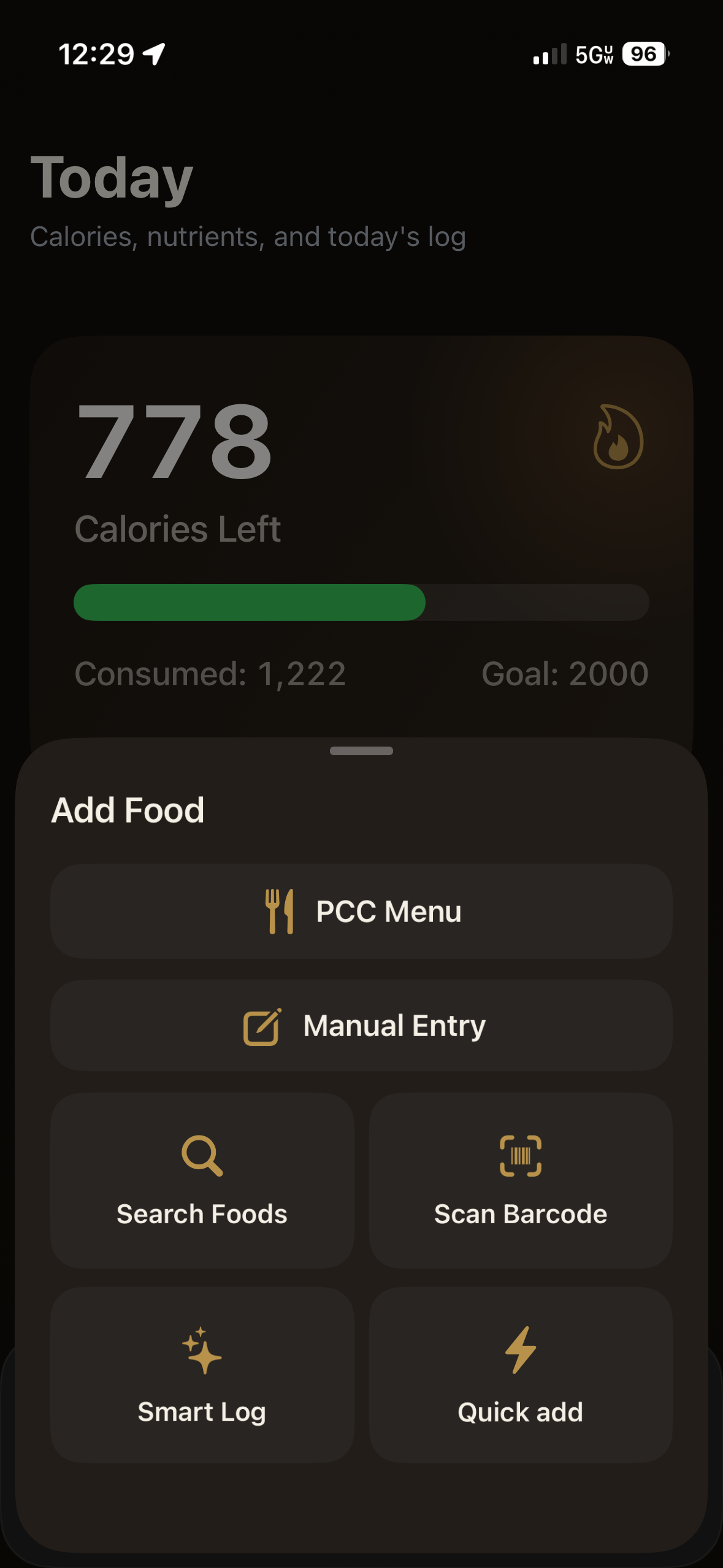 Add Food options screen